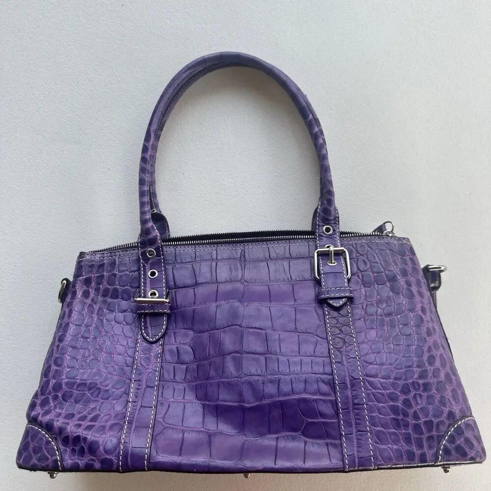 Dooney & Bourke Purple Nile Crocodile Embossed Domed Satchel Leather Bag Y2k